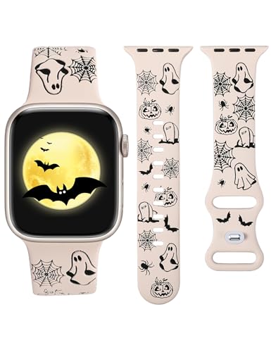 W-RARA Halloween Engraved Band Compatible with Apple Watch Band 38/40/41/42/44/45/46/49mm for Women Men Two-Tone Cute Silicone Pumpkin Ghost Strap for iWatch Series 11 10 9 8 7 6 5 4 Ultra SE 3 2 1