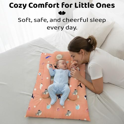 Image of StarAndDaisy Newborn Baby Bedding Nest 100% Cotton Cushioned Mattress Sheet with 2 Side Bolster Pillows & 1 Head Pillow Breathable & Soft Boys & Girl Design- Shark Print