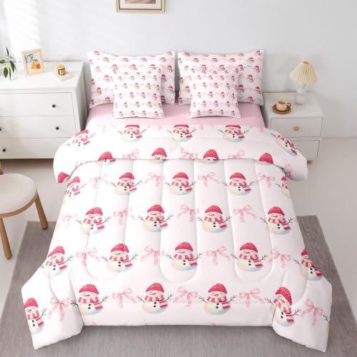Castle Fairy Cute Snowman 7pcs Bedding Set King Size | Pink Bows Ribbon Comforter Set with Sheets Christmas Hat Scarf Snowman Sheet Set, Pillowcases & Pillow Covers Winter Coquette Room Decor