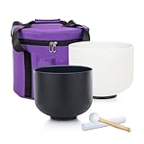 Siceeoly 432 Hz 10 inch F Note White and 8 inch A Note Black Crystal Singing Bowls Chakra Meditation Frosted Sound Healing Quartz with 1 Travel Carry Case Bag 1 Mallet Suede 1 Strikers 2 O-rings