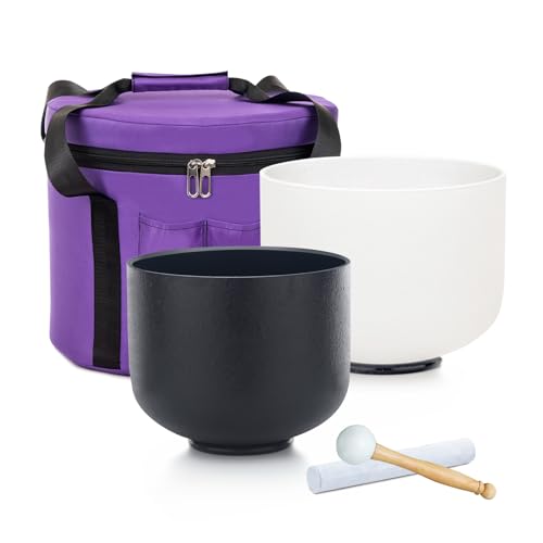 Siceeoly 432 Hz 10 inch F Note White and 8 inch A Note Black Crystal Singing Bowls Chakra Meditation Frosted Sound Healing Quartz with 1 Travel Carry Case Bag 1 Mallet Suede 1 Strikers 2 O-rings
