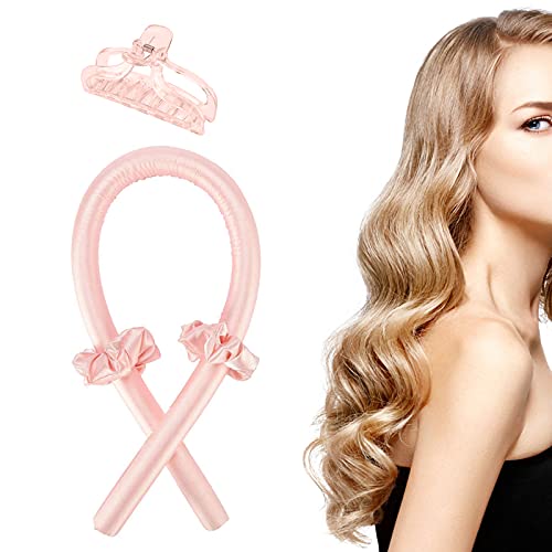 DKAF Heatless Curling Rod Headband with Hair Claw Clip, Silk Ribbon No Heat Hair Curls Hair Rollers, Do Not Hurt Hair Wave Maker, DIY Hair Styling Tools-Pink