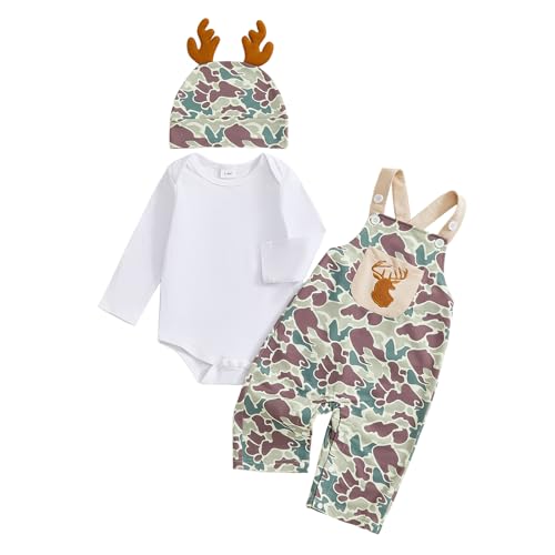 Xnqiwq Newborn Baby Boy Hunting Clothes Romper Camo Overalls Pants Set Hat 3Pcs Infant Fall Winter Outfits (White, 6-12 Months)