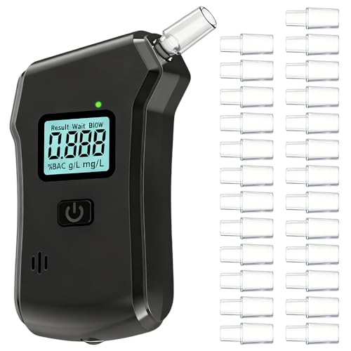 SGZIOO Alcoholimetro Homologado Portátil, Test de Alcoholemia con Luces LED y 25 Boquillas Reutilizables Prueba de Alcohol Digital con Pantalla LCD Alcoholimetro para Uso Doméstico y Profesional
