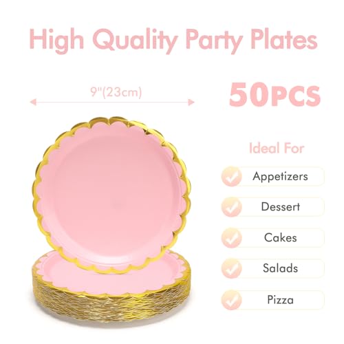 Miniatura 2 de Party Go 50 Platos De Papel Para Cenas Y Postres, 23 Cm, Borde Ondulado, Color Rosa, Ideal Para Graduaciones, Fiestas, Bodas, Fiestas De Cumpleaños, Decoración De Ducha De Bebé