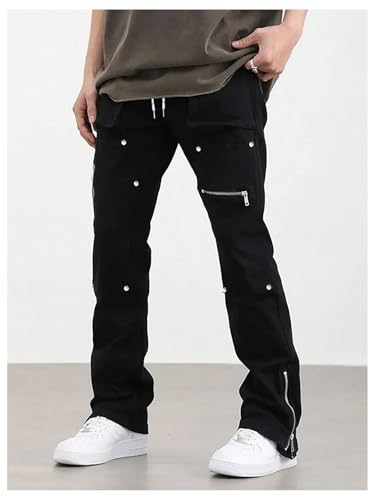 OYOANGLE Men's Drawstring Waist Zipper Hem Pants Y2K Streetwear Studded Hip Hop Pants3