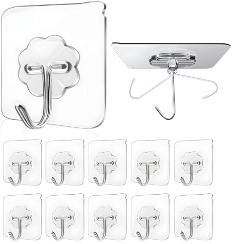 Image of 15 Pack Self Adhesive WallHook Heavy DutyHook for Hanging Without Drilling Transparent Nail Free StickyHook Strong Wall Hanger Set of 15 FlowerHook for Kitchen Bathroom Home Storage
