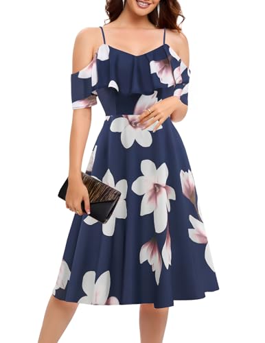 Bbonlinedress Vestido de mujer con hombros descubiertos, elegante, vestido de fiesta, vestido de cóctel, Flor azul marino, L