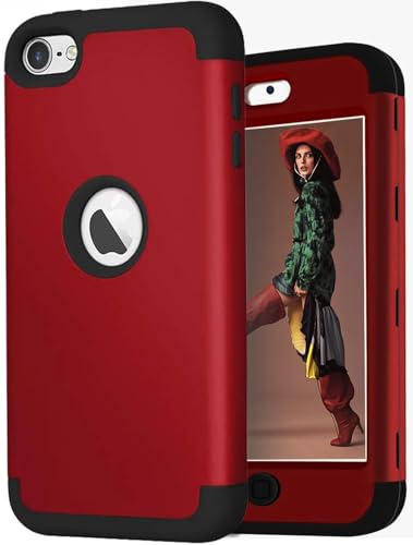 iPod Touch 7 Case, iPod Touch 7/6/5 Case, KZONO Heavy Duty Three Layer High Impact Armor Case Cover Protective Case for Apple iPod Touch 7 6 5th Generation (Red+Black)