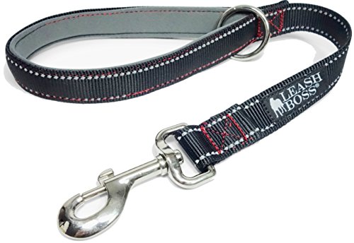 Leashboss Short Dog Leash with Padded Handle - 18 Inch Reflective Lead with O-Ring - 1 Inch Wide for Training Medium and Large Dogs (Black Reflective, 18 Inch)