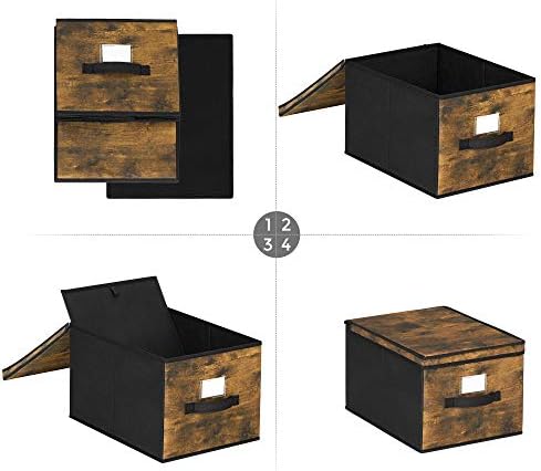 SONGMICS Foldable Storage Organiser Boxes, Set of 3 Clothes Organiser, Toy Bins, Storage Cubes with Lids, Label Holders, Non-Woven Fabric, 40 x 30 x 25 cm, Rustic Brown and Black RFB103B01