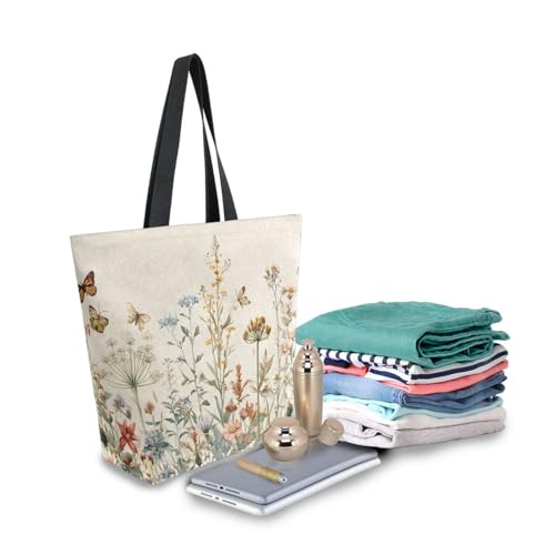 Extra Large Shoulder Tote Bag for Beach Travel Weekender Gym Vintage Wildflowers Butterfly Red Pink Beige Reusable Grocery Canvas Shopping Bag3