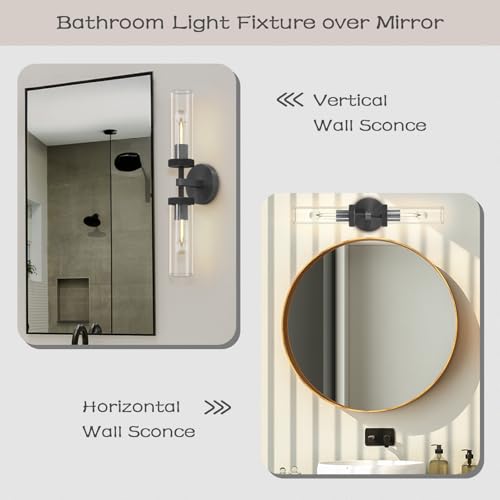 Image of Bathroom Wall Sconce Hardwired, Black Wall Sconces Set of 2, 20.5 inch Vanity Lights Over Mirror, Linear Wall Sconce Dimmable, Bathroom Light Fixtures Glass Tube, Bronze Wall Sconces Interior