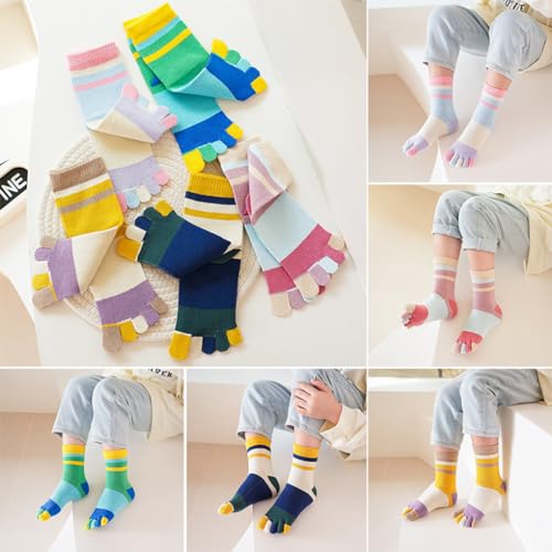 Kids Cotton Toe Socks, Five Finger Socks Rainbow Striped Crew Socks for Children 2-10 Years, 6 Pairs2