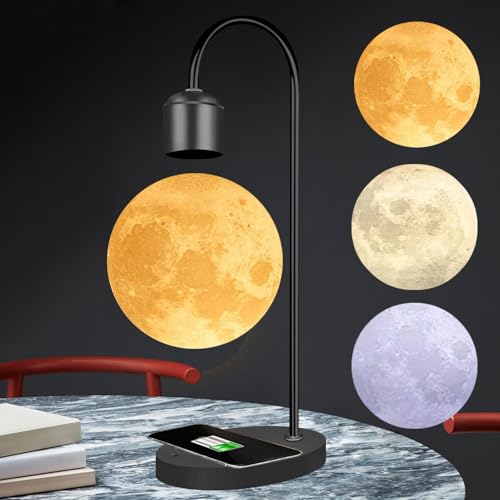 Floatidea Magnetic Levitating Moon Lamp with Phone Wireless Charging Pad Changeable 3 Colors 3D Moon Levitation Floating Mood Night Light Table Lamp Christmas Gift Home Decoration
