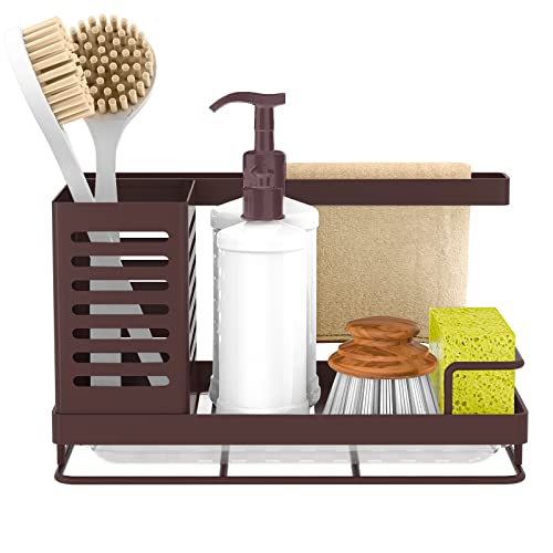 Sink Caddy, Kitchen Sink Organizer, Sponge Holder Stainless Steel Kitchen Caddy for Kitchen Sink with Removable Drain Pan Storage for Soap, Sponge, Scrubber Brush, Bottles, Dishcloth-Bronze