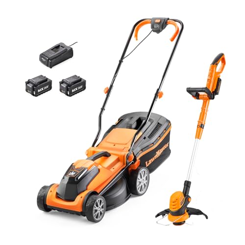 LawnMaster MX 24V Cordless 34cm Lawnmower and 25cm 3-in-1 Grass Trimmer - Rear Roller, Cutting and Edging, 2x MX 24V 4.0Ah Lithium Ion Batteries and Fast Charger (34cm Mower & Trimmer)