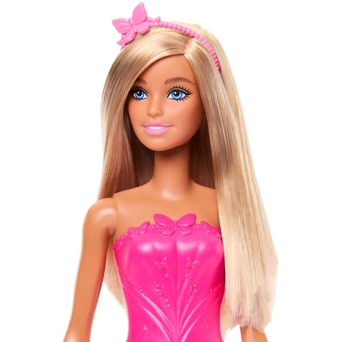 Image of Barbie Royal Fashion Doll with Blonde Hair, Removable Skirt & Accessories, Pink Butterfly-Themed Monochromatic Look