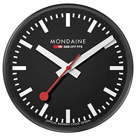Mondaine Wall Clock A990.CLOCK.64SBB 25cm - Official Swiss Railways Clock Red Second Hand Black Aluminium Casing Dust Resistant Cover