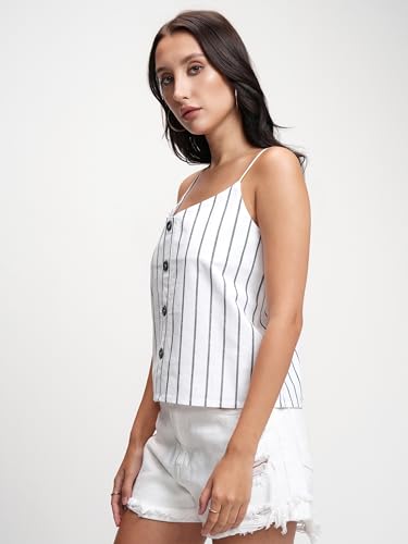 Image of Tokyo Talkies Women's Striped Cotton Crop Top | Shoulder Straps for A Casual & Breezy Look | Lightweight & Stylish | Tops for Woman | Women Tops | Women Crop Top