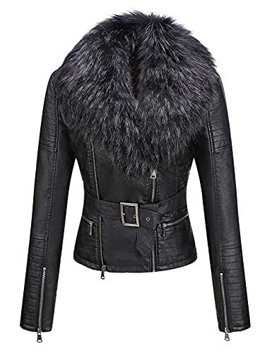 Giolshon Faux Leather Jacket Women Short Moto Coat With Detachable Faux Fur Collar 9203 Black S #TOP3