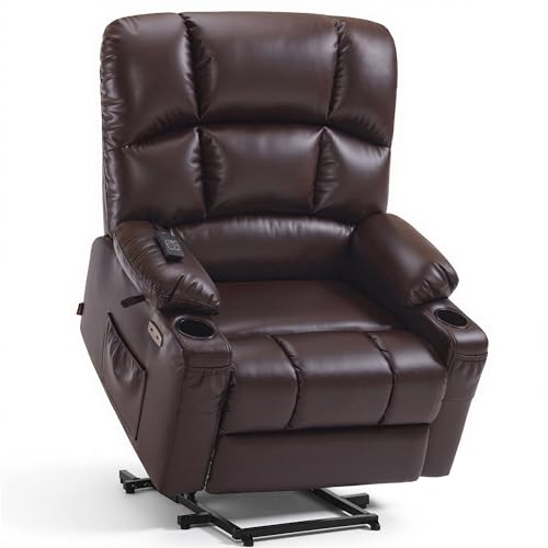 MCombo Oversized Dual Motor Power Lift Recliner Chair Sofa with Massage and Heat for Big Elderly People, Infinite Position, USB Ports, Faux Leather R7688 (Dark Brown, Large-Oversize)