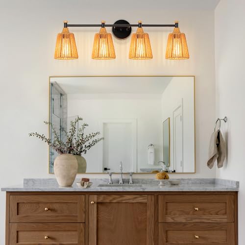 Image of Boho Bathroom Light Fixtures Over Mirror, 4-Light Farmhouse Vanity Lights | Handwoven Rattan Wicker Shades, Rustic Lighting for Bedroom Kitchen Hallway Restroom Bathroom