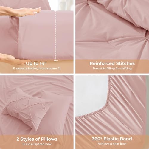 Image of Sasttie Queen Comforter Set, 7-Piece Bed in a Bag, Pintuck Bedding Sets for All Season, Includes Comforter, Flat Sheet, Fitted Sheet, Pillowcases and Pillowshams, Rose Gold