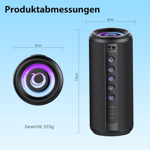 Bluetooth Lautsprecher, 2026 Musikbox Bluetooth 5.4 mit RGB Lichter, Tragbarer Lautsprecher Freisprechfunktion für Phone, 30h Akku, IP7 wasserdicht Fantastischer Sound Geeignet Outdoor/Garten/Sport