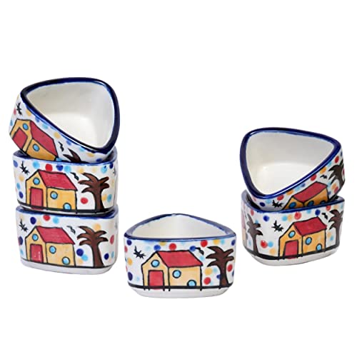 Image of Freakway Handpainted 6 Dips of Hut Ceramic Dip Bowl /Chutney Bowl /Pickle Bowl /Sauce Serving Bowl Set (50 ML, Small, 6-Pieces, Multicolour, Cartoon Shape Triangle)