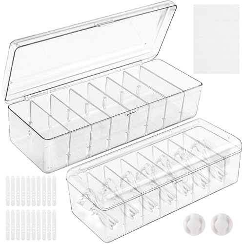 Arvok 2 Piezas Organizador de Cables con Tapa, Caja de Gestión de Cables con 8 Compartimentos Ajustables, Caja de Plástico para Almacenamiento de Escritorio, Guardar y Clasificar Cable de Carga