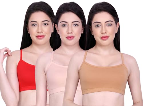 Image of INKURV Slip on Beginner's Bra for Girls, Non Padded, Non Wired, No Hooks with Double Layered Fabric, Adjustable Straps, Wirefree Sports Bra- Lisa Combo of 3