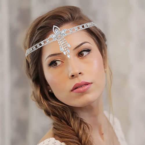 IYOU Boho Rhinestone Headband Silver Crystal Head Chain Vintage Bridal Headpiece Hair Jewelry for Women Gatsby Party