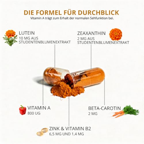 Lutein Zeaxanthin Kapseln - Augenvitamine mit beta Carotin, Lutein & Zeaxanthin hochdosiert - Vegan - 90 Augenvitamine Kapseln - Naturklar