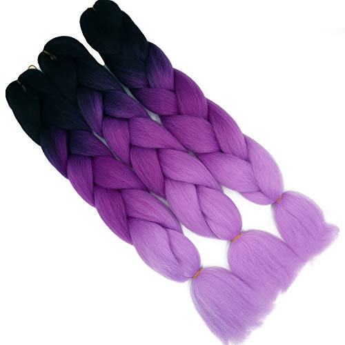 Cybelleza 24 Inch Braids Extensions, Jumbo Braids, Synthetic Hair, 3 Bundles, Kanekalon Synthetic Crochet Hair, Braiding Hair, Afro Box Braiding (Black & Purple & Light Purple)
