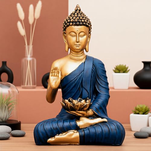 Heeran Art New Sitting Buddha Statue showpiece Idol Home Decor Items for Living Room and Gifts (Blue Golden)