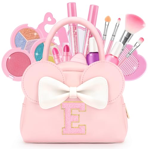 Kids Real Makeup Kit for Girls - 18Pcs Non-Toxic Washable Make Up Toys with Initial Toddler Purse - Personalized Birthday Gifts for Age 3 4 5 6 7 8 9 10 Years Old Girls Vanity Set - E