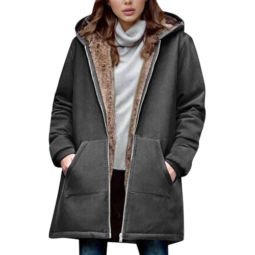 Dyhxuan Chaqueta de invierno para mujer, forro cálido, con capucha, chaqueta de forro polar, de manga larga, abrigo de invierno para otoño e invierno, chaqueta gruesa con capucha, gris oscuro, S