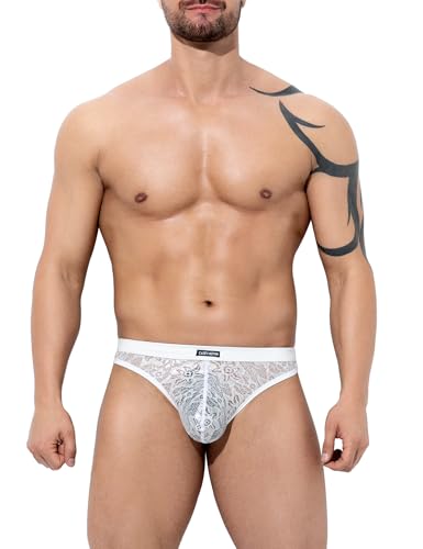 Arjen Kroos Men's Lace Thong - Sexy Sheer Mesh T-back Bikini Briefs, Low-Waist G-string Underwear with Leather Waistband2