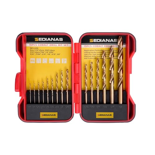 Cobalt Drill Bit Set - 15Pcs M35 HSS Twist Drill Bits, Straight Shank, Metal Drills bit Set for Hardened Metal, Stainless Steel, Cast Iron, Wood and Plastic with Index Storage Case, 1/16