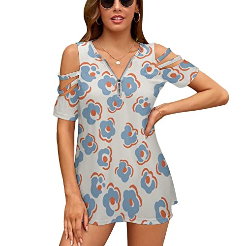 KccOsg Túnica feminina para usar com leggings, túnicas florais com ombro vazado, ajuste solto, zíper