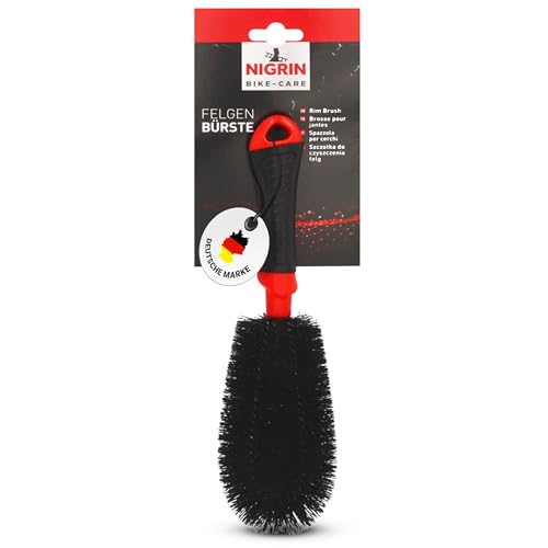 NIGRIN Bike Care Felgen Reinigungsbürste, hochwertige Felgen/Allround Bürste, ideal für Felgen, Speichen, Laufräder und Naben, Schlag- und Rutschfester Griff schwarz, rot 1 Stück