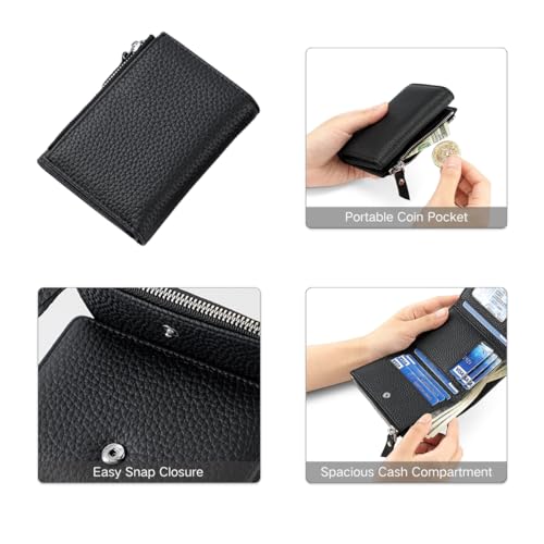 Mudono Women’s Wallet Small Genuine Leather Credit Card Holder RFID Blocking Tri-Fold Wallet With ID Window and Zipper Pocket4
