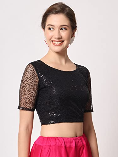 Image of studio rasa Women's Net Sequin Embroidered Sheer Sleeves Readymade Saree Blouse for Wedding Festive Party