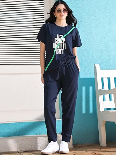 Image of ZEYO Night Suit for Women's Typography Printed Cotton Night Dress of Top and Joggers