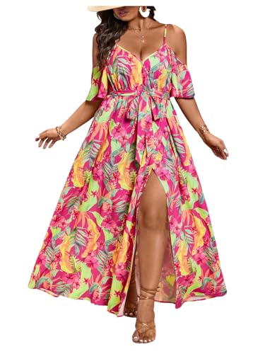 Image of Floerns Women's Plus Size Cold Shoulder Short Sleeve Split Thigh Long Dress