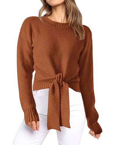 Okiwam Women's Long Sleeve Cropped Sweaters Casual Knit Pullover Tie