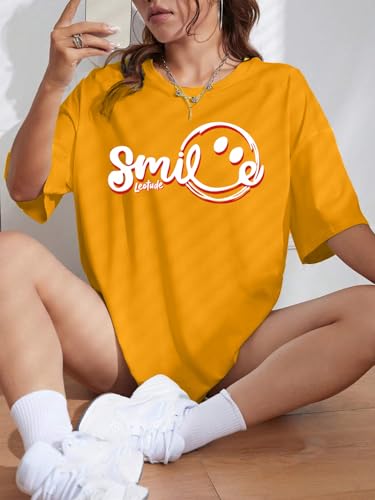 Image of LEOTUDE Women Smile Mustard Oversized T-Shirt Material Cotton Blend