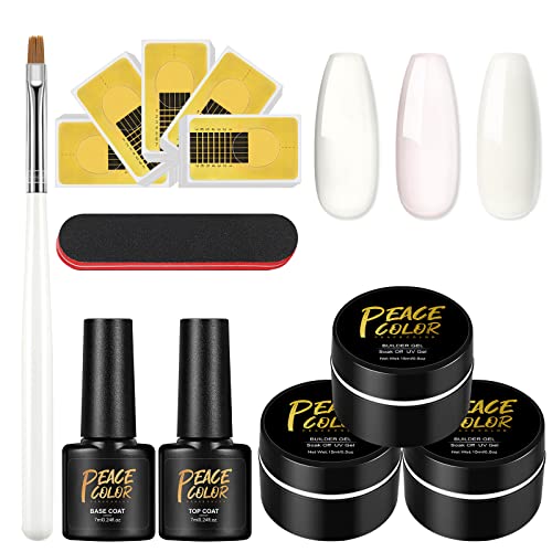 PEACECOLOR 3 Couleurs Gel Construction Ongle UV Clair Rose Blanc avec Vernis Base e Top Coat Conseils pour les Ongles Gel Kit de Manucure Cover