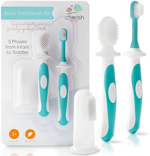 Cherish Baby Care Toothbrush Set (3-24 Months) - 3-Pack Finger, Training & Toddler Toothbrushes, BPA-Free, Newborn Essentials